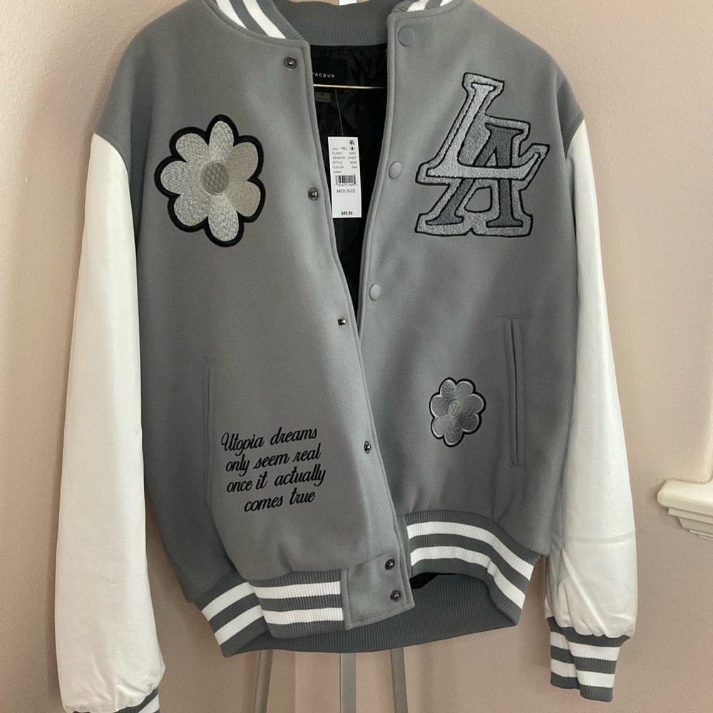 PacSun Gray Varsity Jacket with Letter Patch